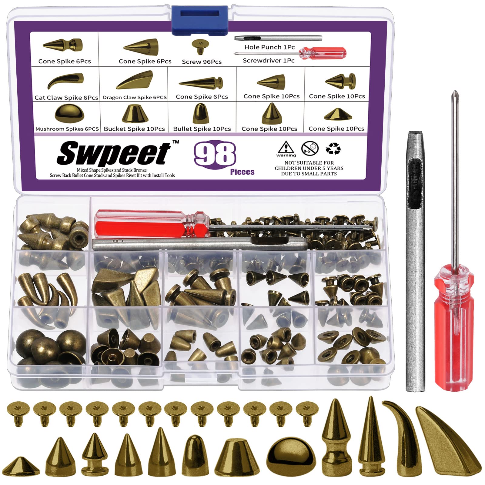 Swpeet 98Pcs Mixed Shape Spikes Screwback Studs Rivets Kit (Bronze)