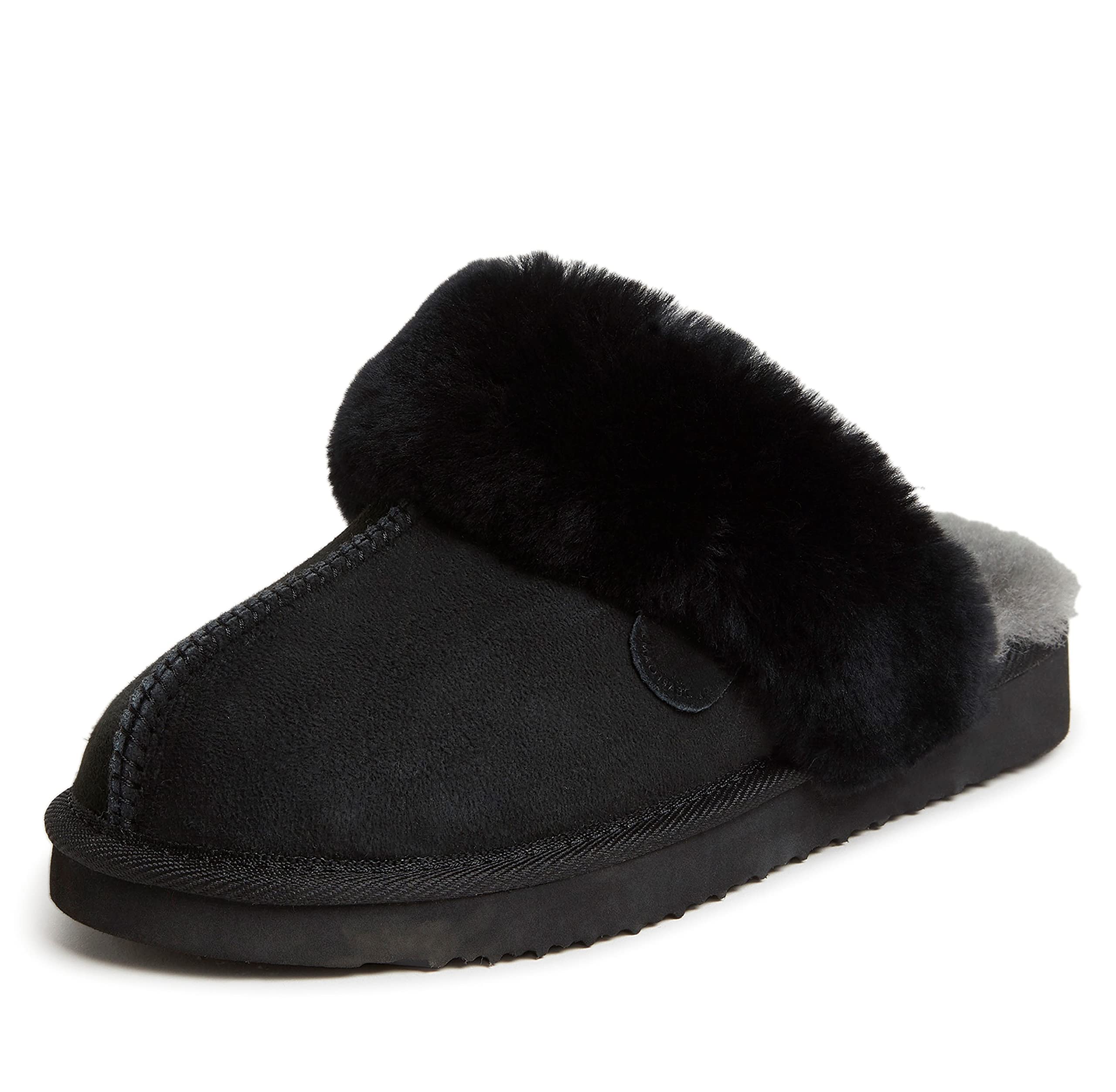 Photo 1 of Dearfoams Women's Fireside Sydney Shearling Fur Indoor/Outdoor Scuff Slipper with Wide Widths, Black, 9