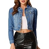 Allegra K Women's Denim Jackets Jean Puff Sleeve Button Up Cropped Jacket
