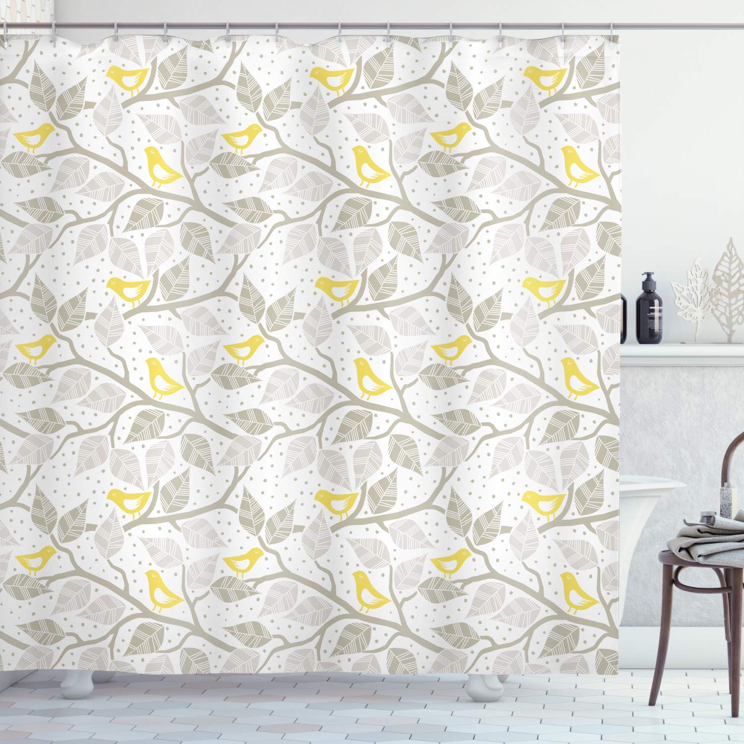 ABAKUHAUS Grey and Yellow Shower Curtain, Abstract Tree Branches with Leaves Birds and Dots Spring Nature, Cloth Fabric Bathroom Decor Set with Hooks, 70 Inches, Grey Yellow and White — image 1