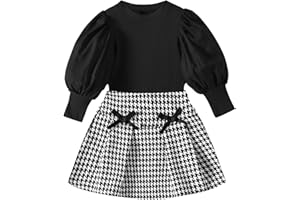 DONWEN Toddler Girl Clothes Skirt Outfits Set Puff Sleeve Tops + Plaid Pleated Mini Skirts 2Pcs Fall Winter Clothes