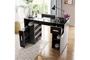 Kikihuose Manicure Table Nail Desk for Nail Tech with Glass Top & Wrist Rest, Acetone Resistant Station with 4 Dust Bags, Beauty Salon Workstation with Drawers Storage Cabinets, Black