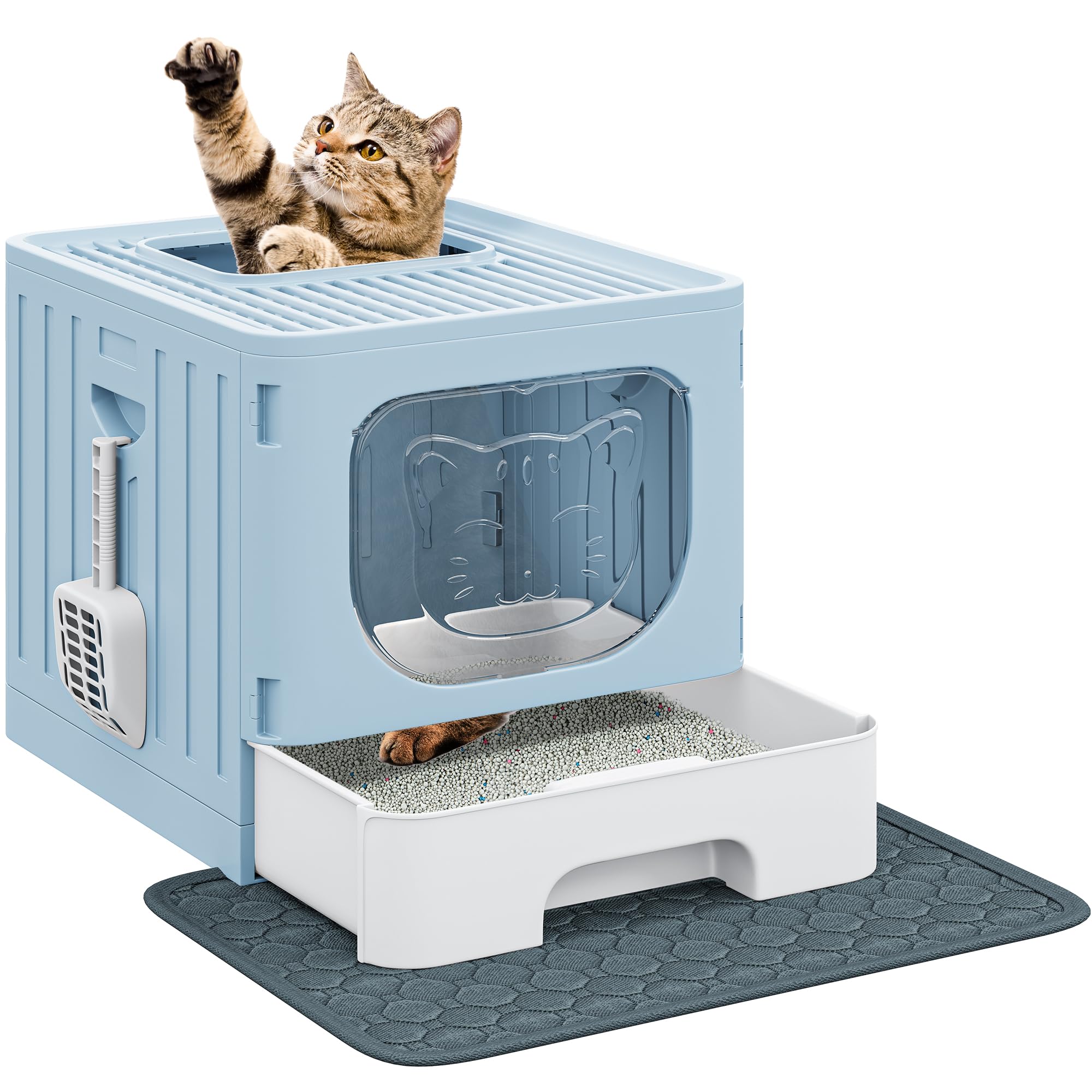 Photo 1 of DWVO Enclosed Cat Litter Box with Two-Way Entry/Exit, Large Anti-Splash Hooded Litter Box with Mat and Litter Scoop, Easy Assemly and Cleaning - Gray