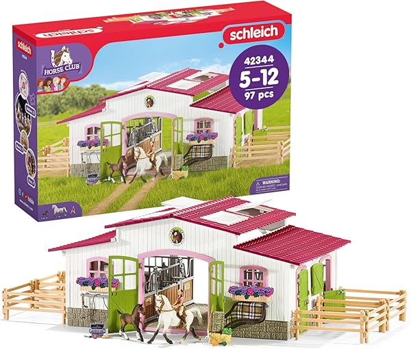 SCHLEICH Horse Club | Reiterhof mit Reiterin und Pferden 42344 | Set aus Stall, Mädchenfigur, 2 Pferden & Zubehör | Geschenk für Kinder | Spielzeug ab 5 Jahren | 97 Teile | exklusiv bei Amazon