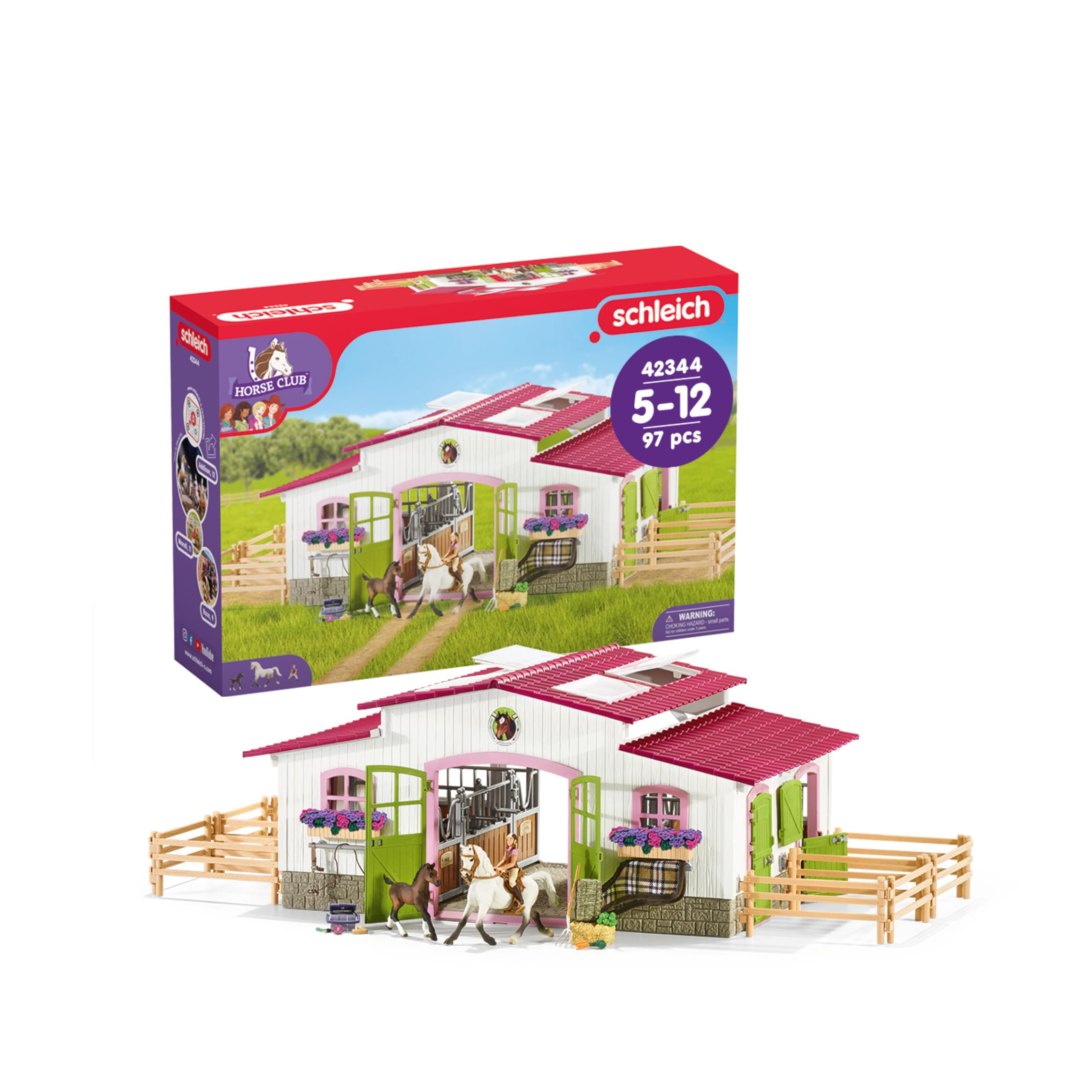SCHLEICH Horse Club | Reiterhof mit Reiterin und Pferden 42344 | Set aus Stall, Mädchenfigur, 2 Pferden & Zubehör | Geschenk für Kinder | Spielzeug ab 5 Jahren | 97 Teile | exklusiv bei Amazon
