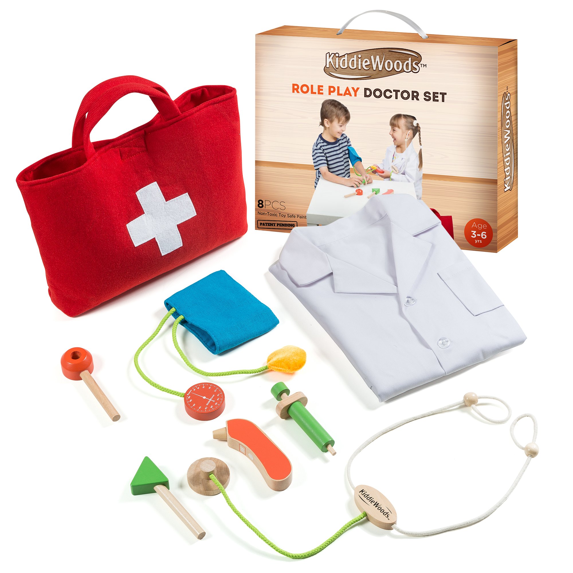 Kiddie Woods Wooden Toy Doctor Kit for Kids, Pretend Medical Play Set