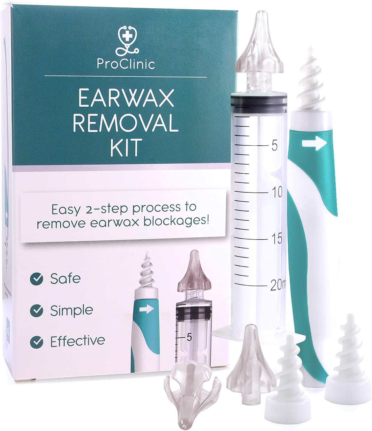 ProClinic Ear Wax Removal Kit with Syringe, Spiral Tool and 3 x Soft Silicone Tips, White, 8 Count (Pack of 1)
