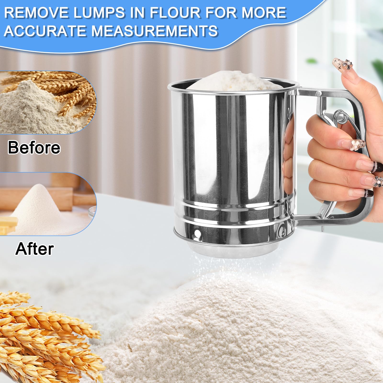 Flour Sifter Stainless Steel,5 Cup Flour Sifter for Baking,3 in1 Sifter for Baking with Powdered Sugar Shaker Duster, Flour Shaker Duster for Baking Cakes, Pastries, Pies, Cupcakes and Desserts