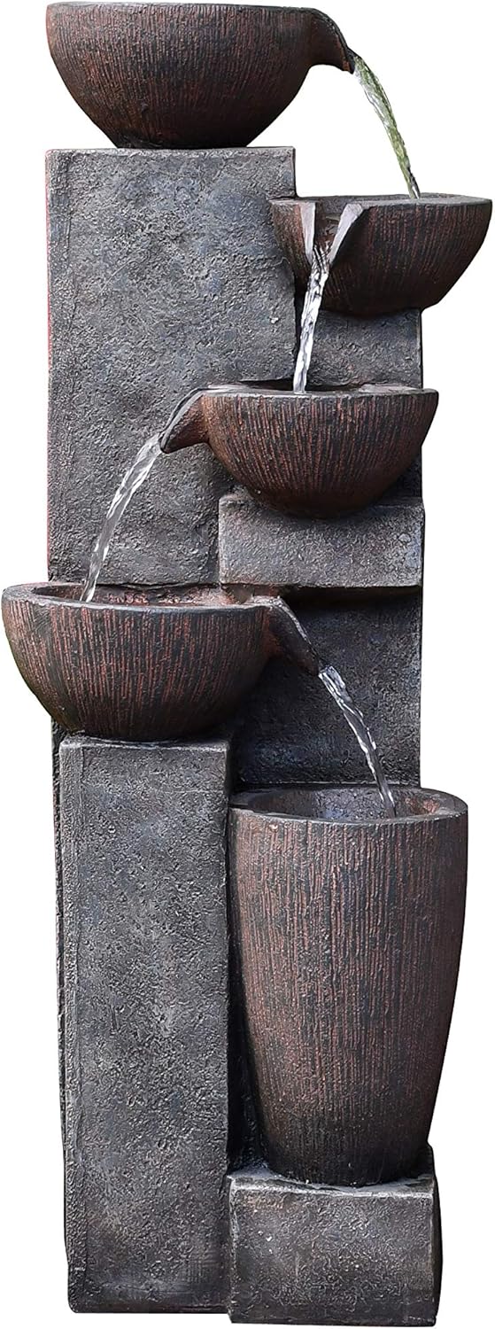 GF Gardenfans 5-Tier Outdoor Water Fountain Decor with LED Lighting Natural Looking Stone Resin Fountain Decor for Garden Patio Fold Court Yard Deck 12.99〃 L x 13.78〃 W x 39.76〃 H: Home & Kitchen