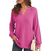 BLENCOT Long Sleeve Shirts for Women Trendy V Neck Fall Tops Cute Casual Waffle Loose Fitted Sweatshirt