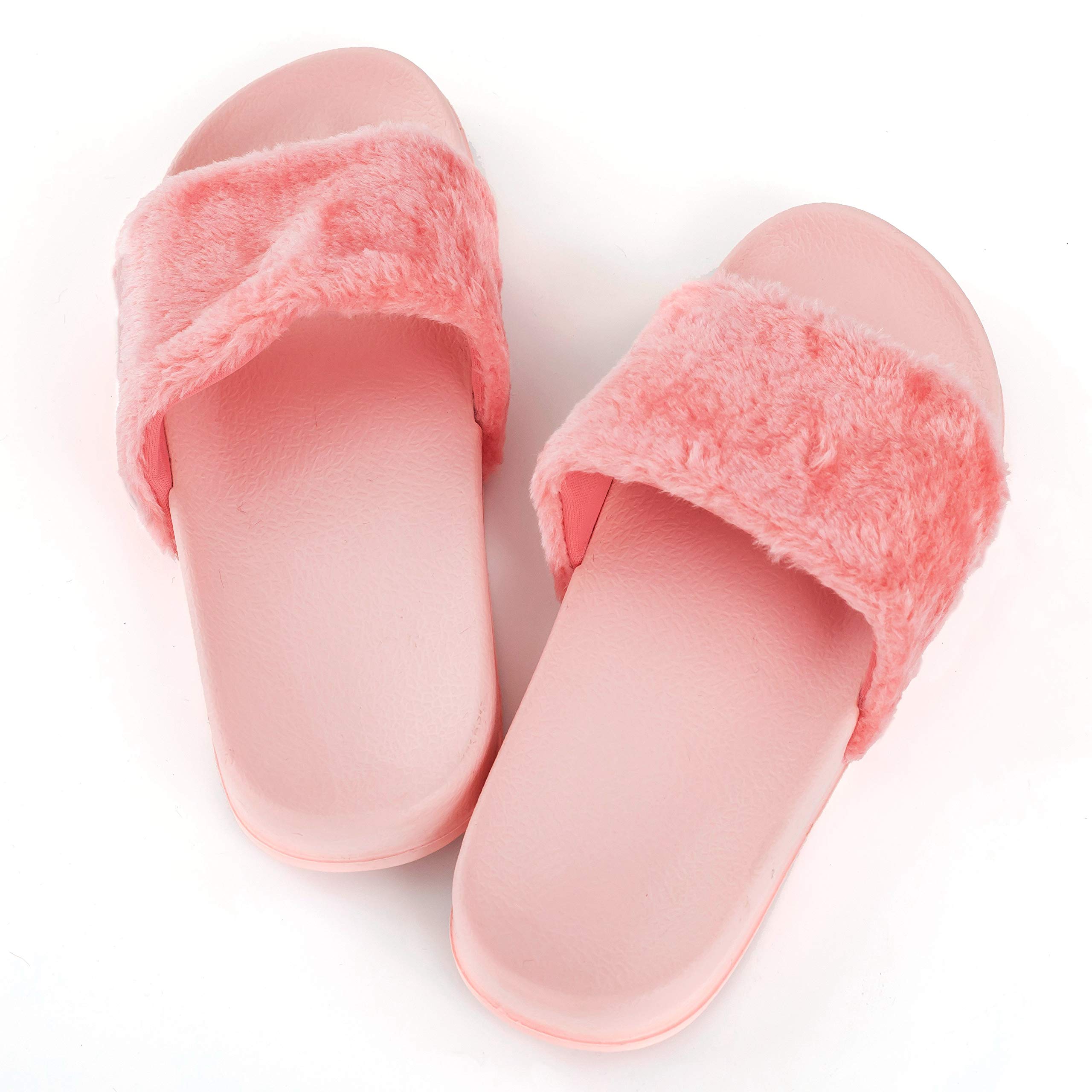 Women\'s Vegan Faux Fur Slippers Fuzzy Slides Fluffy Comfy Flat Sandals Open Toe Indoor Outdoor Pink