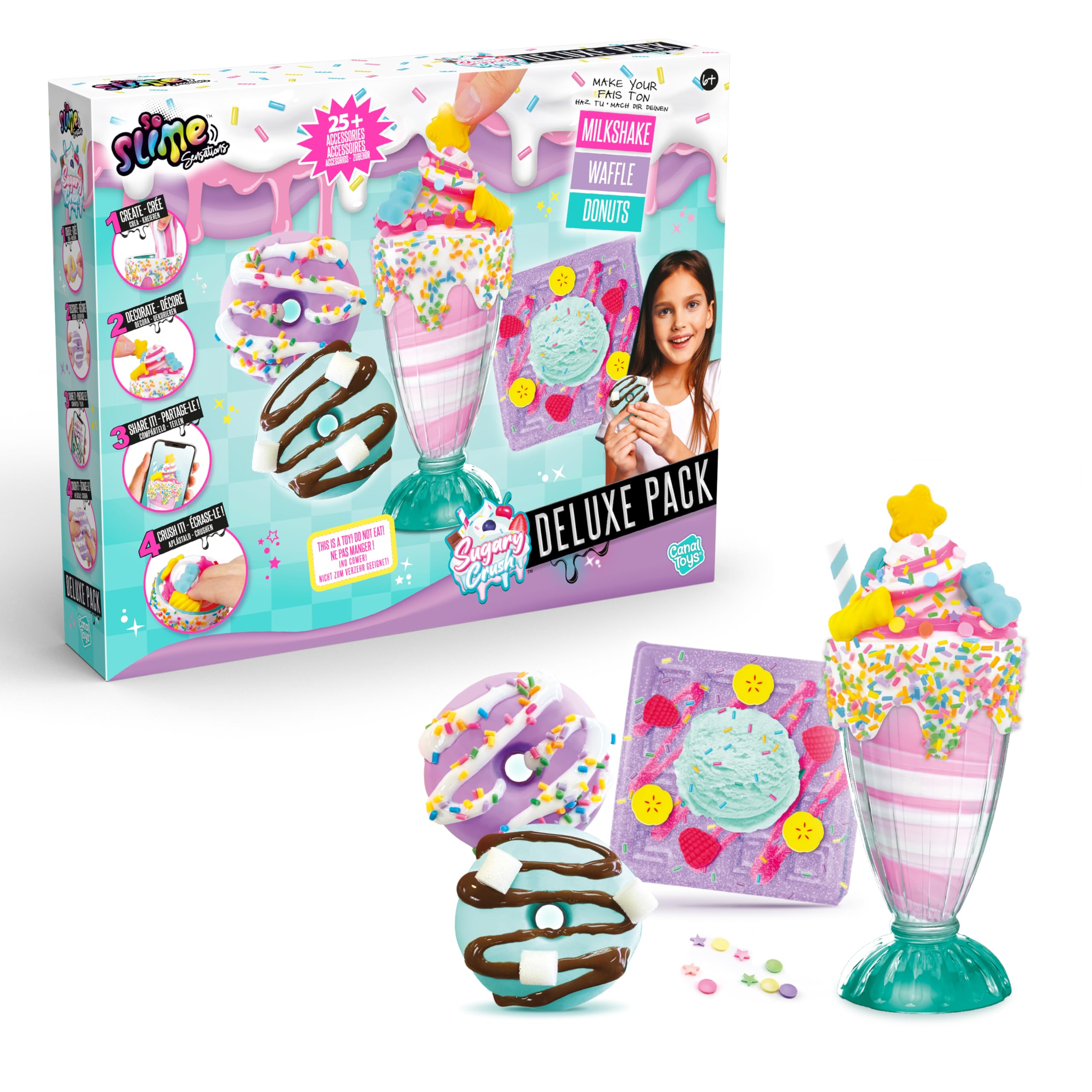 So Slime Sensations Canal Toys Sugary Crush Deluxe Pack - Dessert Slime Kit Milkshake, Waffles and Donuts with 25+ Accessories - Slime to Decorate and Crush - Slime Toy for Children 6 Years+