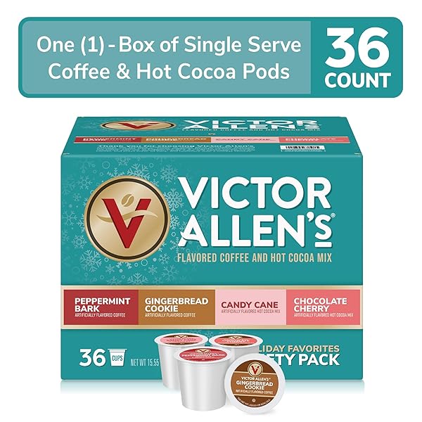 VICTOR ALLEN’S COFFEE HOLIDAY FAVORITES COFFEE & HOT COCOA MIX VARIETY PACK, 36 COUNT, SINGLE SERVE K-CUP & COFFEE PODS FOR KEURIG K-CUP BREWERS