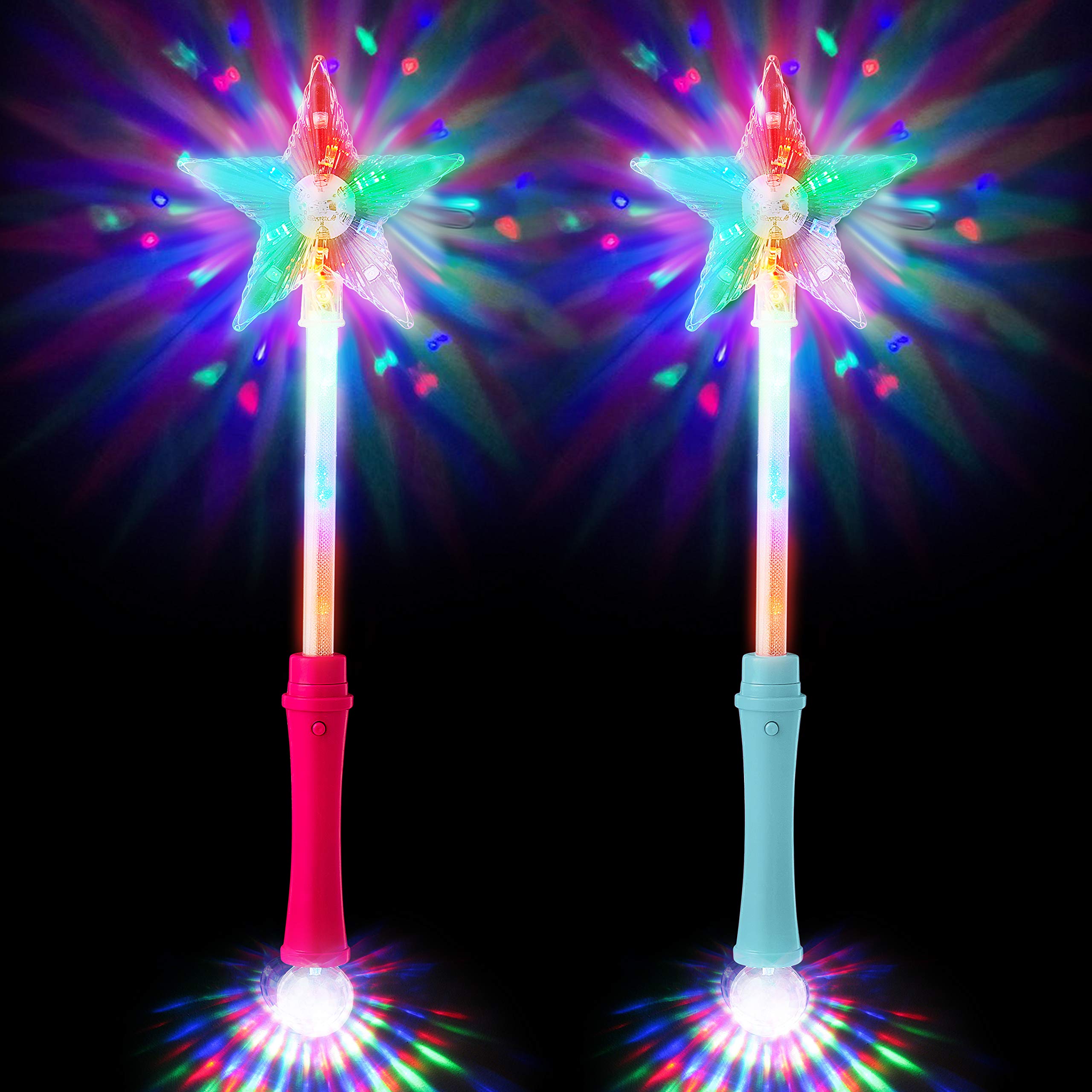 Pack of 2 Mixed 1 Blue 1 Pink Light Up Wands Star Light Flashing Wand Fairy Light Princess Toys Premium Magic Wand Kids Light Up Star Wand Ideal Party Favours Princess Parties Toy Wand with Disco Ball — image 1