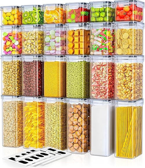Storivo Food Dispensers Storage Jars Set of 24 - Airtight Storage Box with Lid, Kitchen Organiser for Flour, Sugar, Cereal & More, Includes Labels & Markers, for Kitchen & Fridge, 42 L