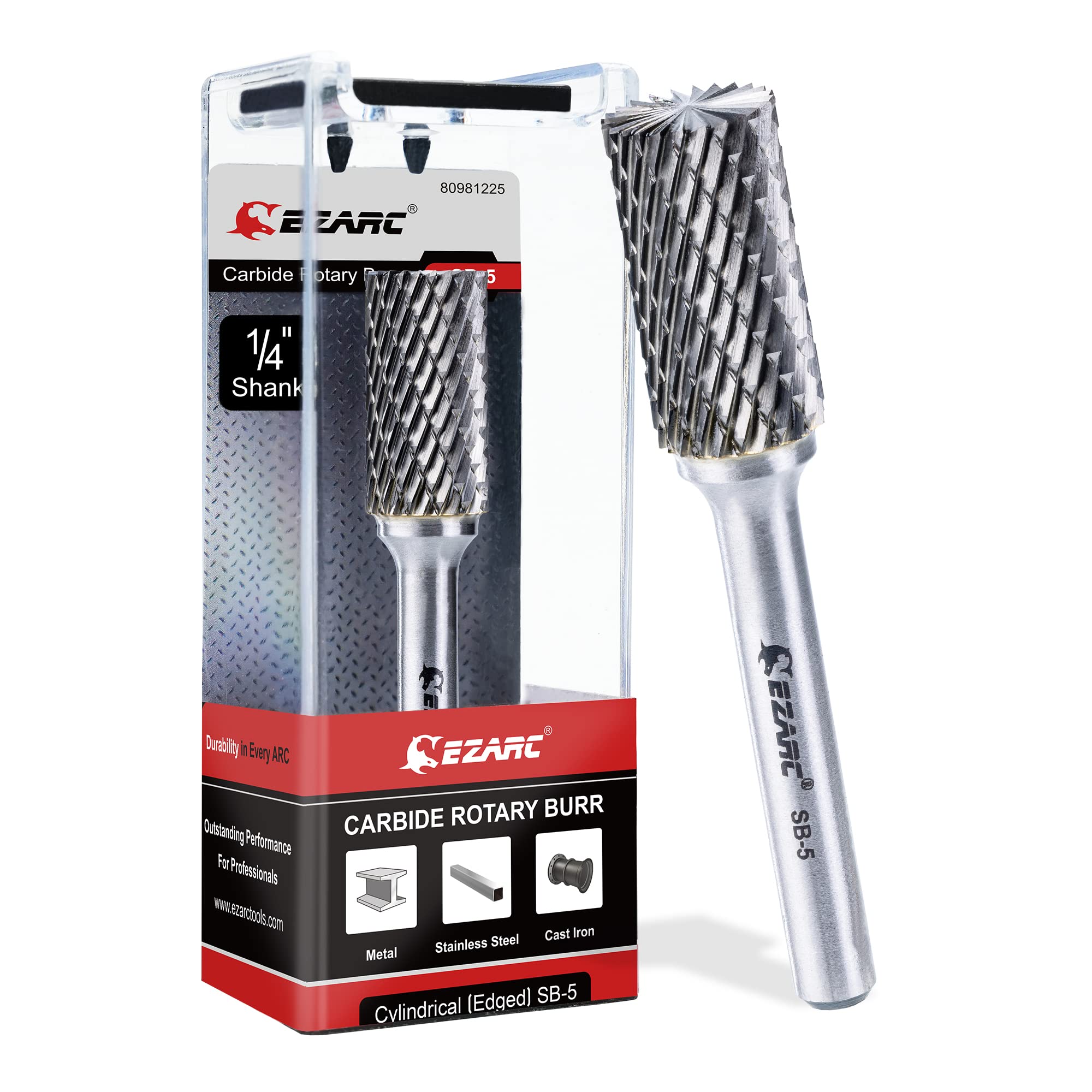 EZARC SB-5 Tungsten Carbide Burr with 1/4”Shank - Double Cut Rotary File Cylinder End Cut, Cutting Burrs Die Grinder Bit for Steel Metal Working, Polishing and Engraving