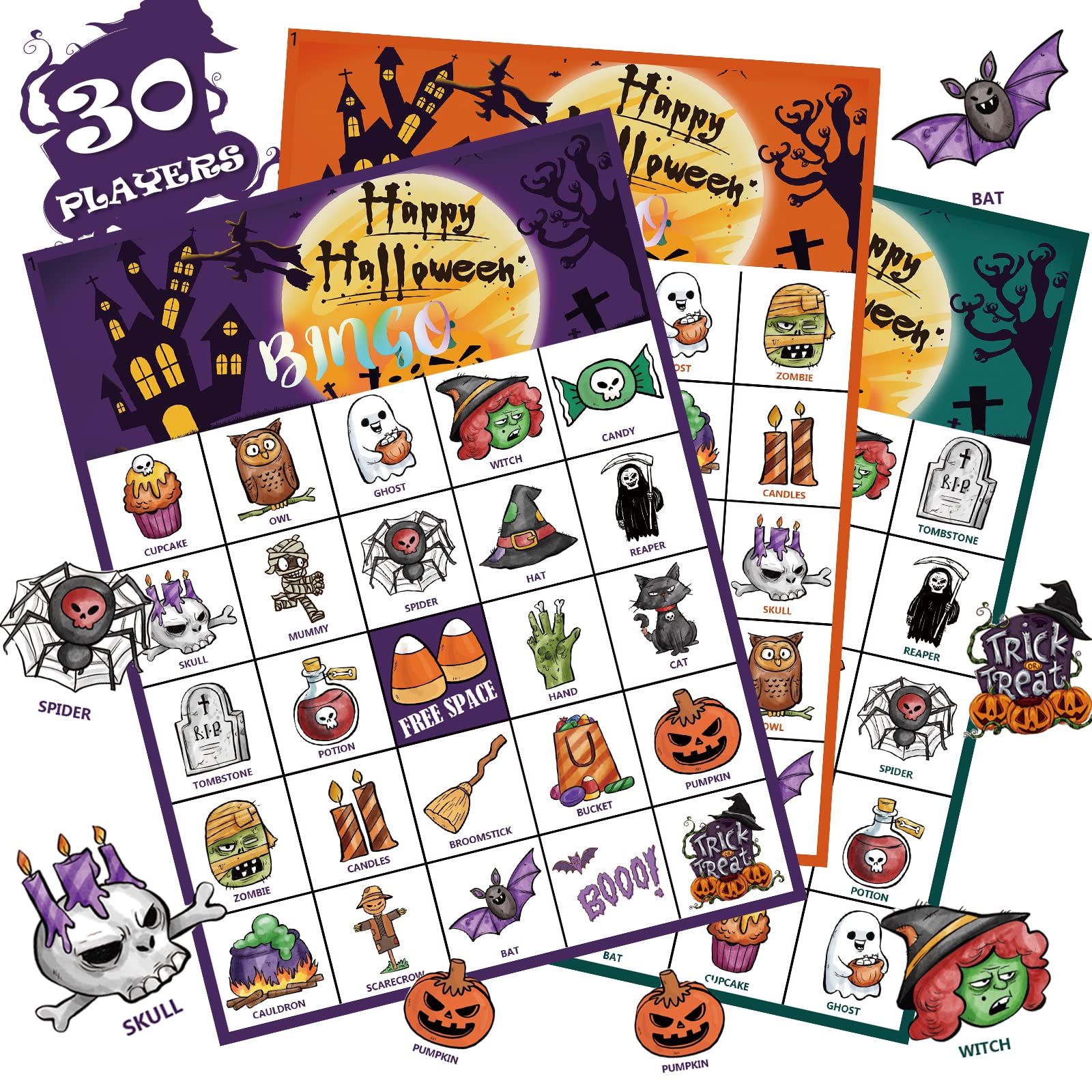 VESPRO 46PCS Halloween Bingo Game Cards for 30 Players Halloween Party ...