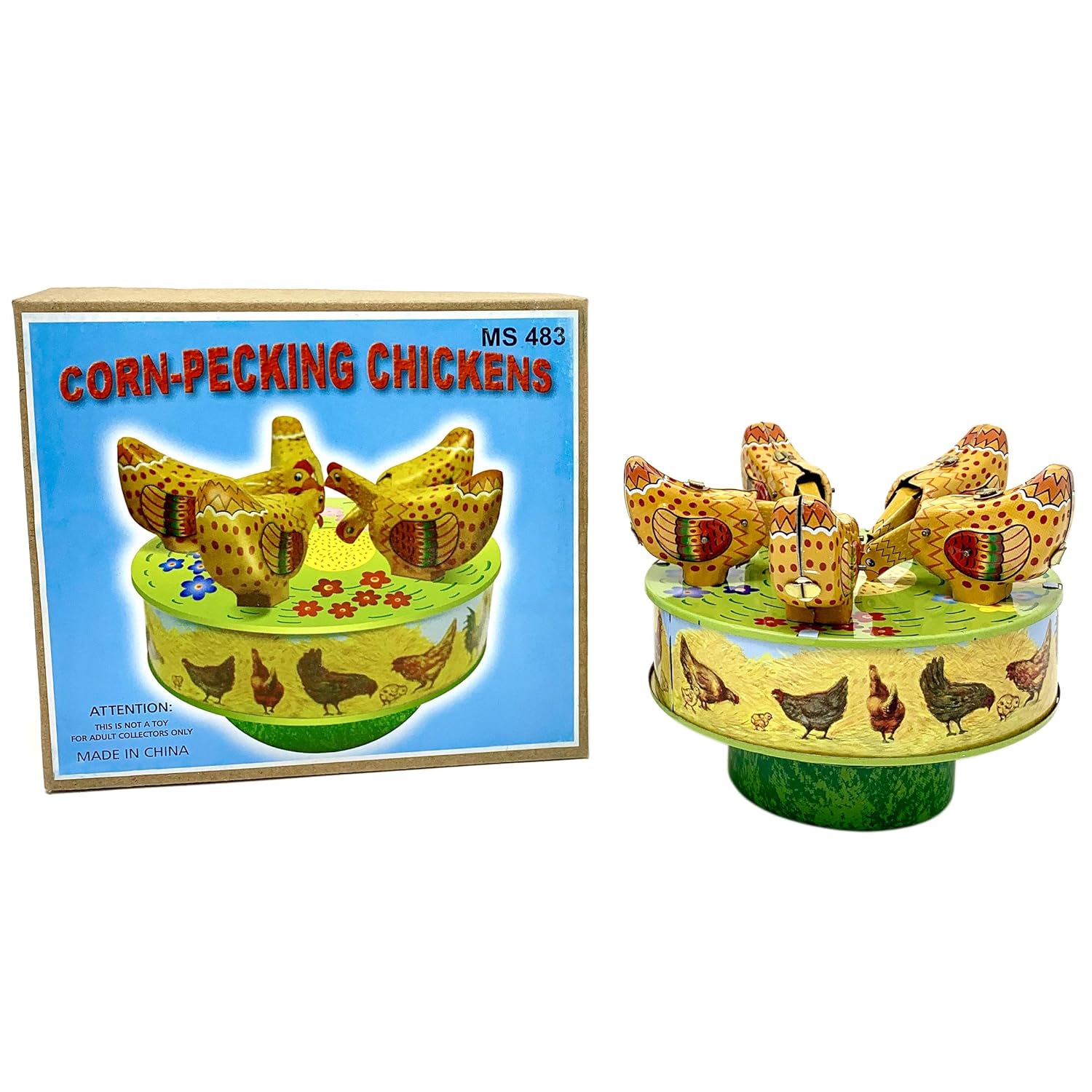 Off the Wall Toys Vintage Style 4 Tin Carousel CornPecking Chickens