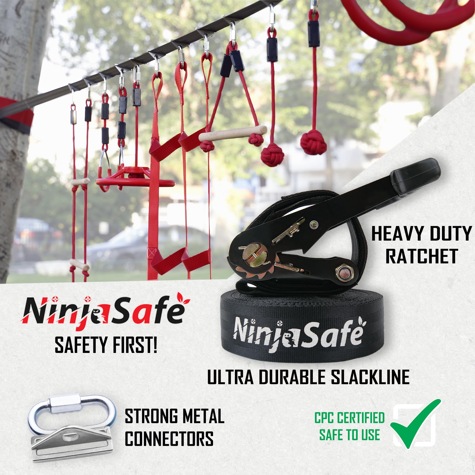 Ninja Obstacle Course for Kids Backyard - 10 Durable Obstacles and 50' Slackline - Outdoor Warrior Obstacle Playset Equipment for Girls & Boys with Monkey Bars, Ladder, Wheel, Gymnastics, Climbing Net