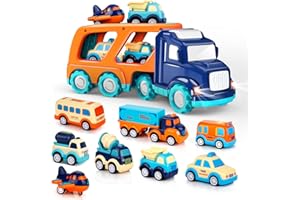 FORTY4 9 Pack Cars Toys for 2 3 4 5 Years Old Toddlers Boys & Girls Gift, Big Transport Truck with 8 Small Cute Pull Back Trucks, Carrier Truck with Sound & Light 13.5 * 5.5 inch, 2.5 *1.6 inch