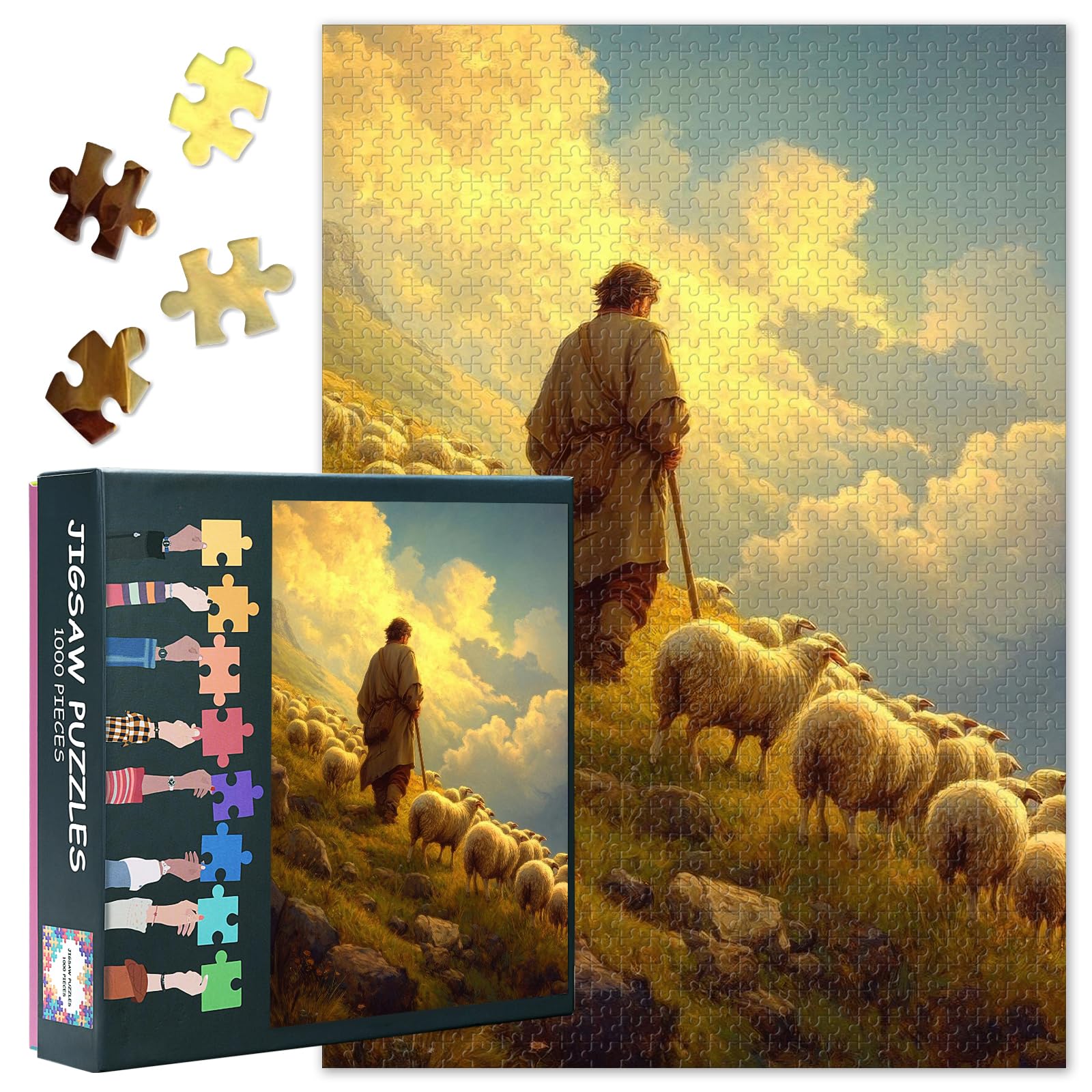 Jesus Puzzles for Adults 1000 Pieces, Shepherd Leading Sheep up a Mountain Jigsaw Puzzles, Christianity Jigsaw Puzzle, Challenging Game Home Decor Birthday Party Gift Toy for Adults Seniors 20X27 INCH