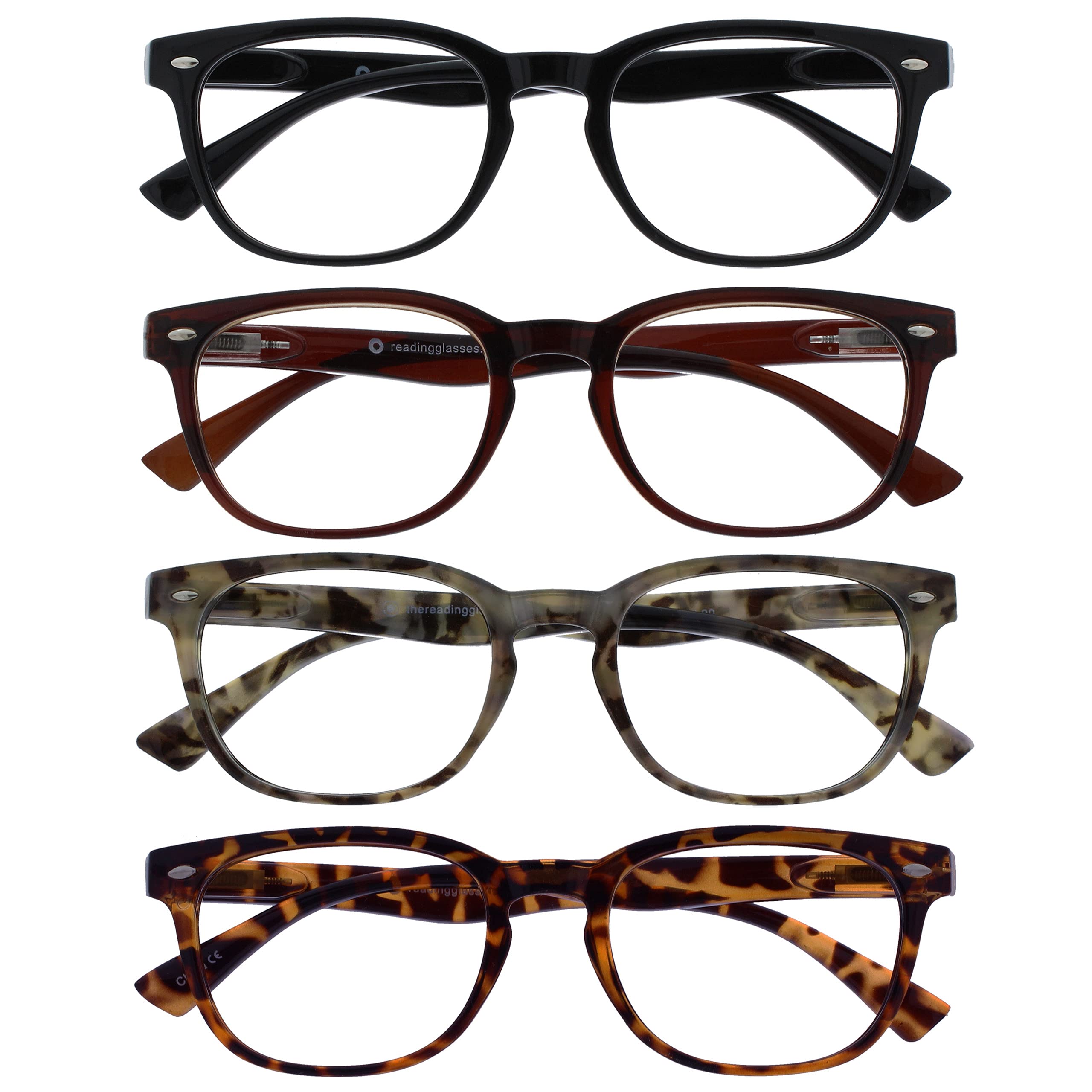 OPULIZE ORA Reading Glasses for Men Women - 4 Pack - Designer Style Rounded Frame - Scratch Resistant Lens - Spring Hinges - Black, Dark Brown, Brown & Grey Tortoiseshell +1.50