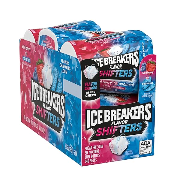 ICE BREAKERS FLAVOR SHIFTERS WILD BERRY TO COOLMINT FLAVORED SUGAR FREE CHEWING GUM BOTTLES, 3.24 OZ (6 COUNT, 40 PIECES)