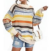 TOPYOGAS Womens Contrast Striped Pullover Sweaters Oversized Crewneck Long Sleeve Winter Pullover Sweaters Tops