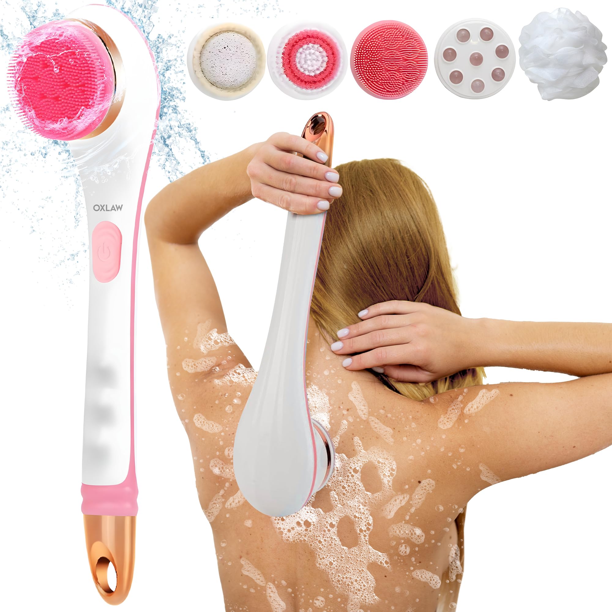 Photo 1 of Body Brush Rechargeable, Electric Body Brush Set, Scrubber Shower Brush with Long Handle, Spin Skin Brush with 6 Brush Heads for Cleanse, Massage, exfoliate and Pamper Your Skin in The Shower (Pink)