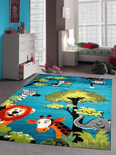Kinderteppich Spielteppich Kinderzimmer Teppich Zootiere Niedliche Bunte Tiere mit Elefant Giraffe Löwe Zebra Affe Türkis Ora