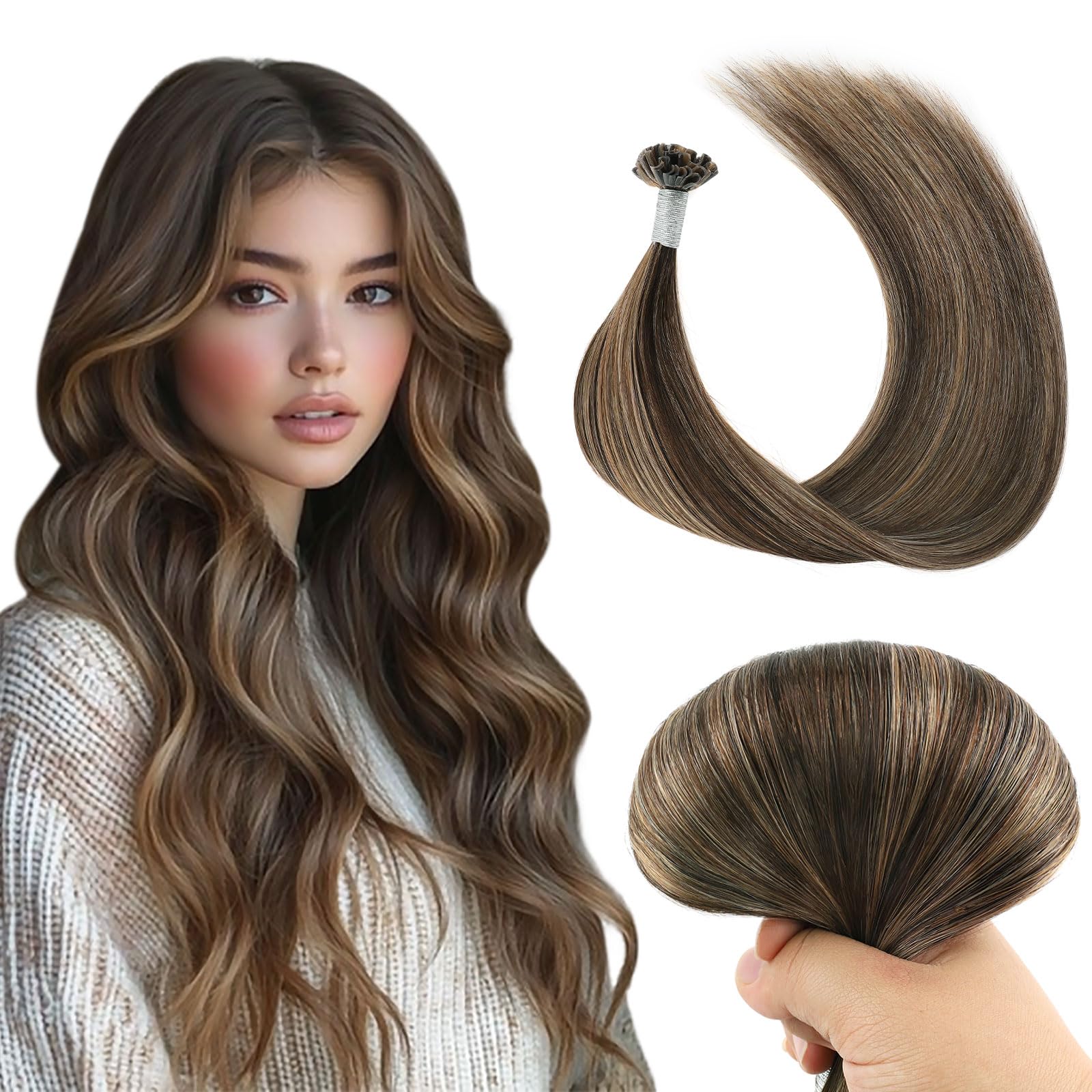 Yuniffe U Tip Real Human Hair Extensions - Hot Fusion Remy Straight Nail Tip Keratin Hair - Chocolate Brown to Caramel Blonde - 16 inch - 50g/50s