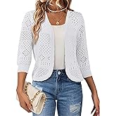 REDHOTYPE Women's 3/4 Sleeve Cardigan Open Front Cropped Shrugs Summer Hollowed Lightweight Cardigans Sweater (S-XL)