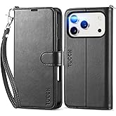 TUCCH Wallet Case for iPhone 17 Pro (6.3") 2025, Wrist Strap RFID Blocking 4 Card Slots, Kickstand, Shockproof TPU Shell, PU Leather, Magnetic Closure, Protective Flip Folio Cover, Black