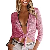 Nulibenna Womens Sheer Shrug Sweaters 3/4 Sleeve Open Front Tie Cardigan Bolero Jacket Lightweight Crochet Knit Cover Up Tops
