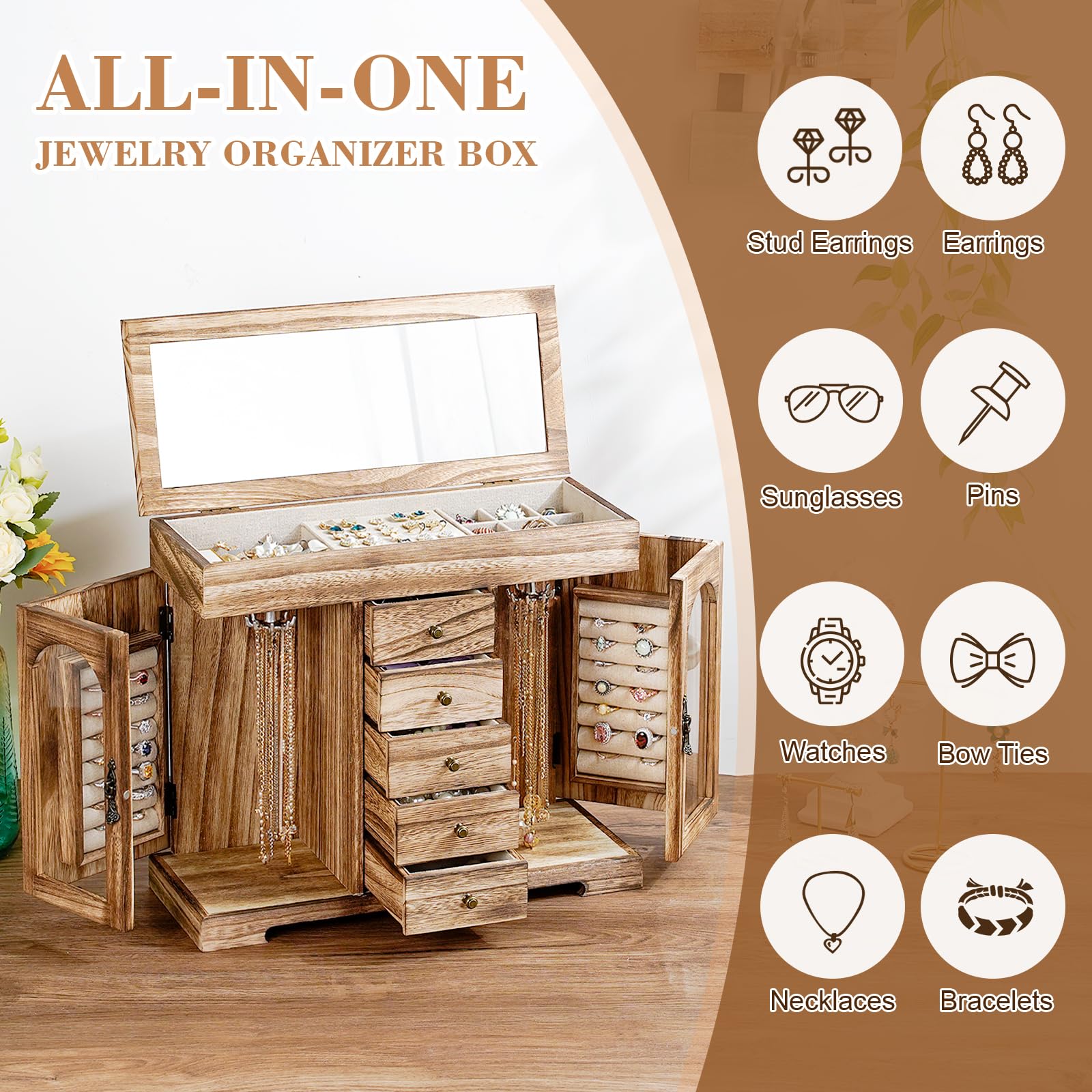 Miratino Jewelry Box for Women Girls, Rustic Wooden Jewelry Organizer Box with Mirror, 5 Layer Jewelry Storage Case Display for Necklaces Earrings Rings Bracelets Valentine's Day Gifts