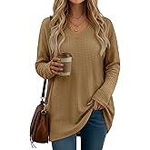 Oakgarden Women's Waffle Long Sleeve Tops, Oversized V Neck Knit Shirts Casual Fall Pullover Sweaters Loose Fit Tunic Tshirts