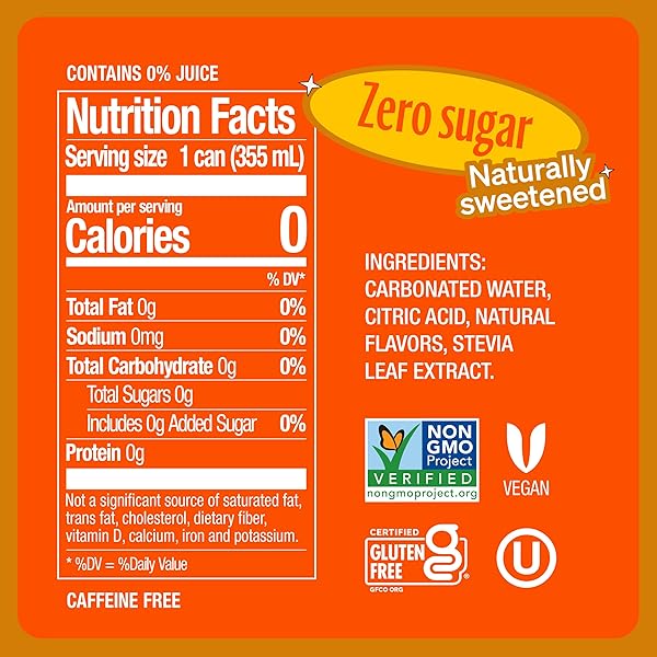 ZEVIA ZERO SUGAR SODA, ORANGE, 12 OZ CANS (8-PACK) – NATURALLY SWEETENED, NON-GMO PROJECT VERIFIED, GLUTEN-FREE, VEGAN
