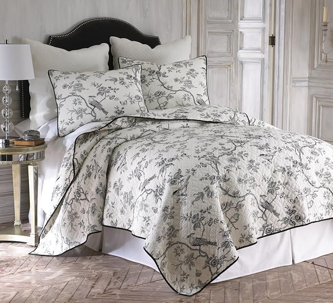 Levtex Black Toile Twin Cotton Quilt Set Black, White Home