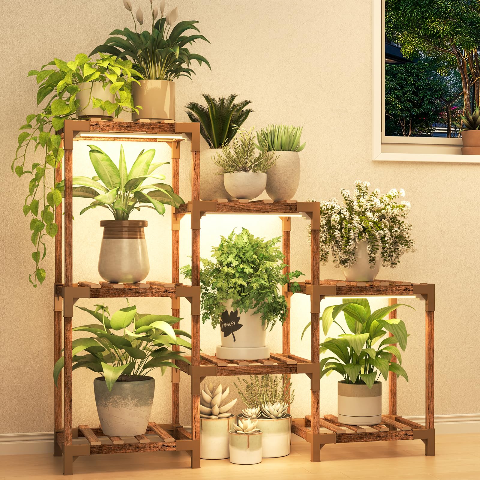 Photo 1 of HOMKIRT Plant Stand with Grow Light, Plant Shelf Indoor for Mutiple Pots, 7 Tiers Wood Plant Ladder Holder Flower Stand for Corner Living Room Patio Boho Home Decor