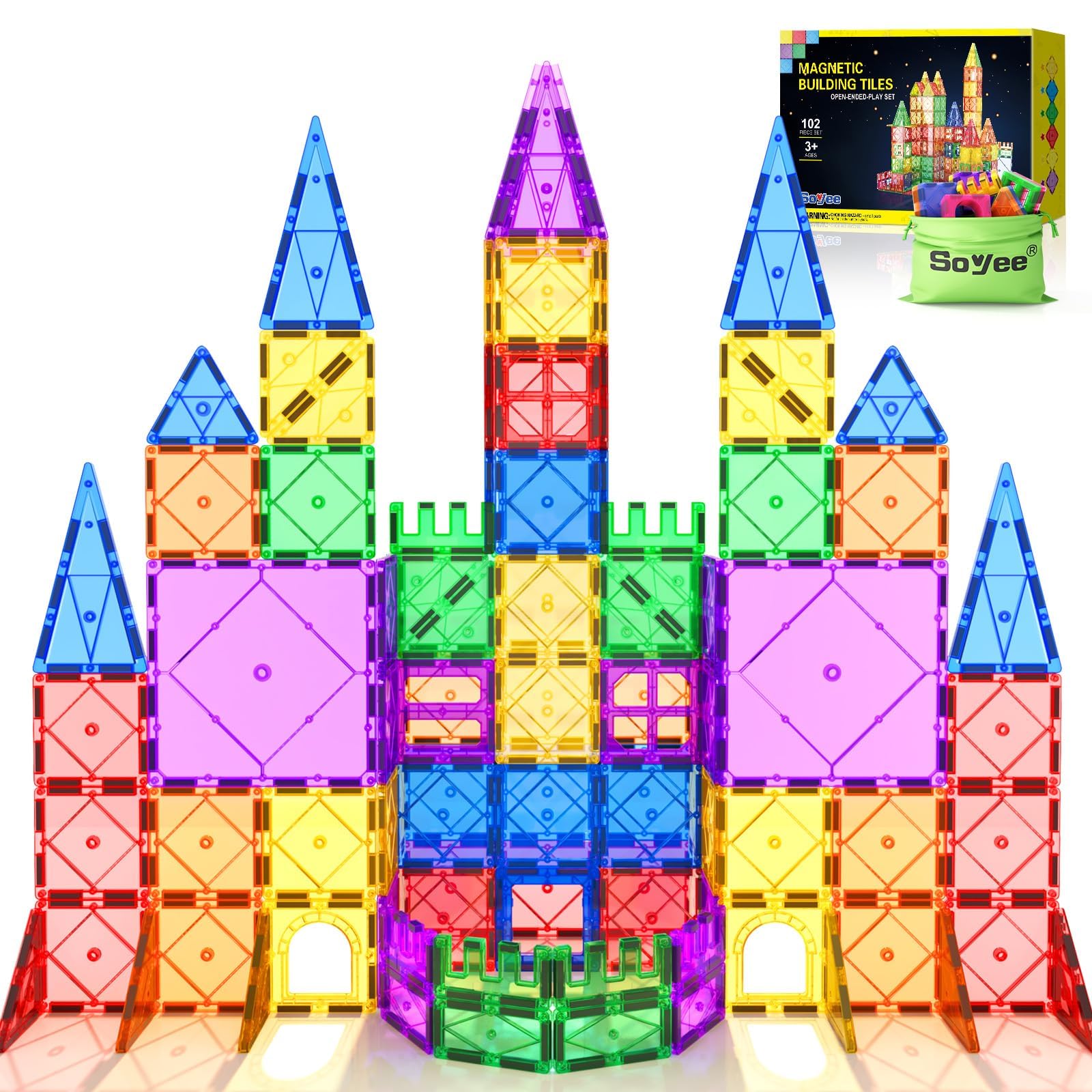 Soyee 102PCS Magnetic Tiles Building Blocks Stem Toys for 3+ Year Old Boys Girls Montessori Toys Toddler Kids Gifts Parents Approved Sensory Toys Image