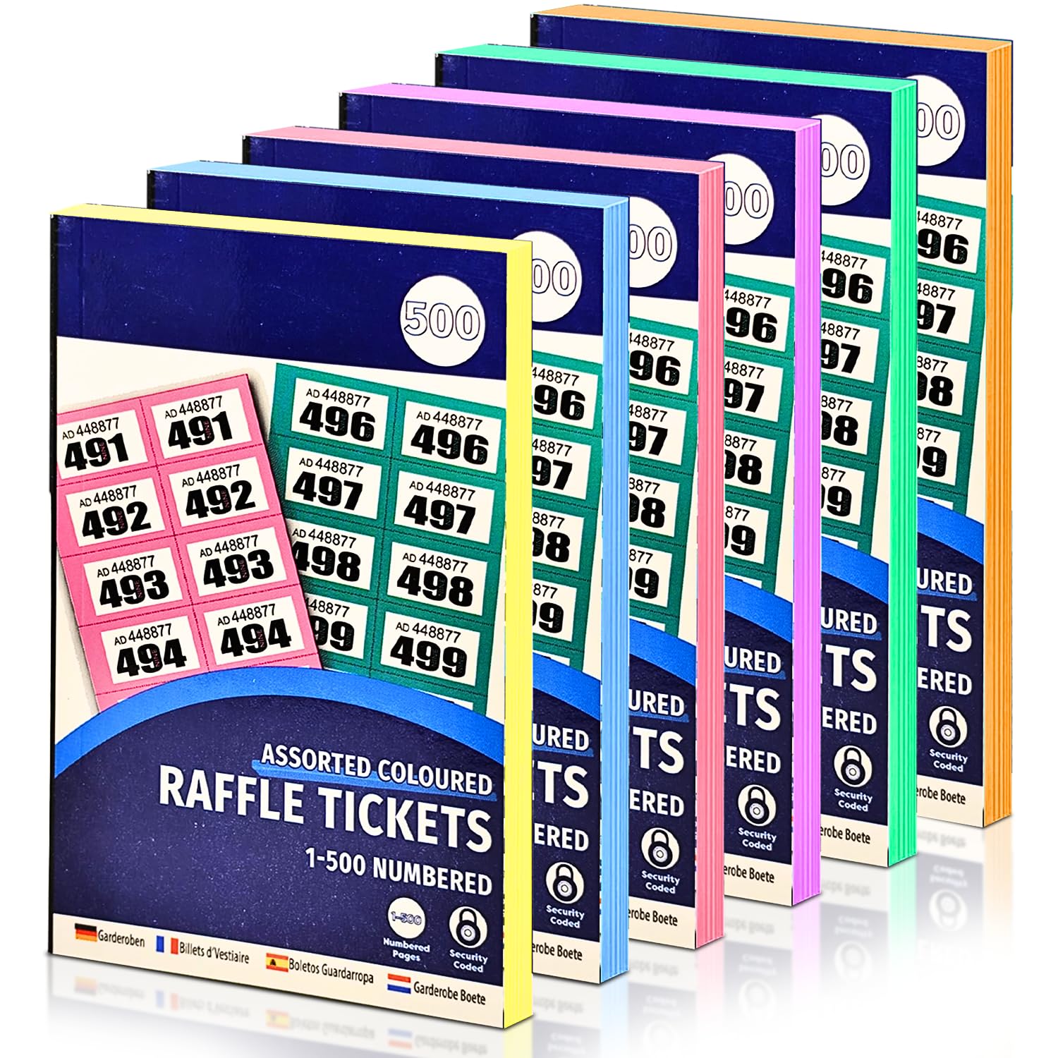 Bestus 6-Pack Cloakroom Raffle Tickets 1-500, Mixed colours - Numbered, Easy-tear, Tombola, Charity Events, Prize & Lucky Draws