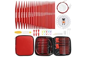 Looen 57 pcs Aluminum Circular Knitting Needles Set with Ergonomic Handles,13 Size Interchangeable Crochet Needles with Storage Case for Small Project (Style 1 New Red)