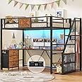 Itaar Stairway Twin Size Loft Bed with L Shaped Desk and Wardrobe, Metal Loft Bed Frame with Storage Stairs, 3 Fabric Drawers, LED Lights & Charging Sation, Rustic Brown