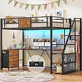 Itaar Stairway Twin Size Loft Bed with L Shaped Desk and Wardrobe, Metal Loft Bed Frame with Storage Stairs, 3 Fabric Drawers, LED Lights & Charging Sation, Rustic Brown