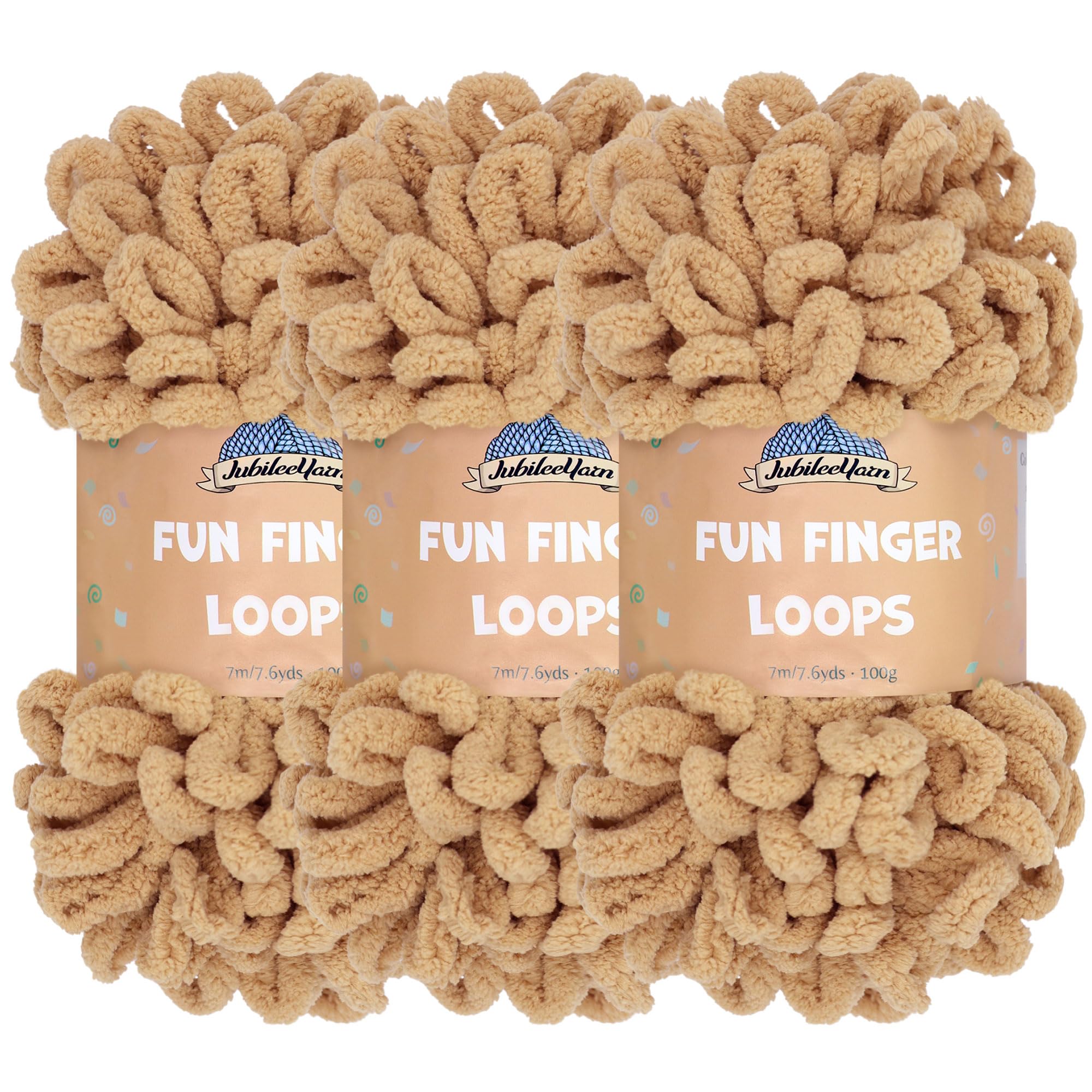 JubileeYarn Fun Finger Loops Yarn - Polyester Jumbo Weight Loop Yarn - 100g/Skein - Sand - 3 Skeins