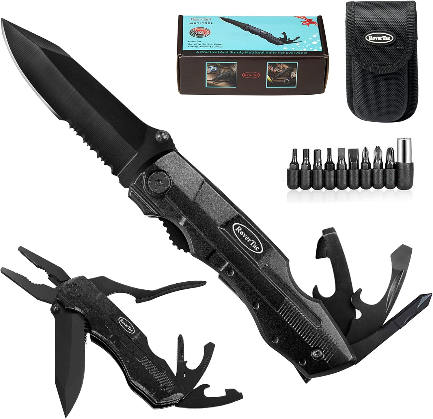 RoverTac Pocket Knife Folding Multitool Knife for Camping Fishing Hiking Outdoor Multi Tool with Pliers Screwdrivers Bottle Opener Safety Lock Durable Sheath Unique Gifts for men women - - 