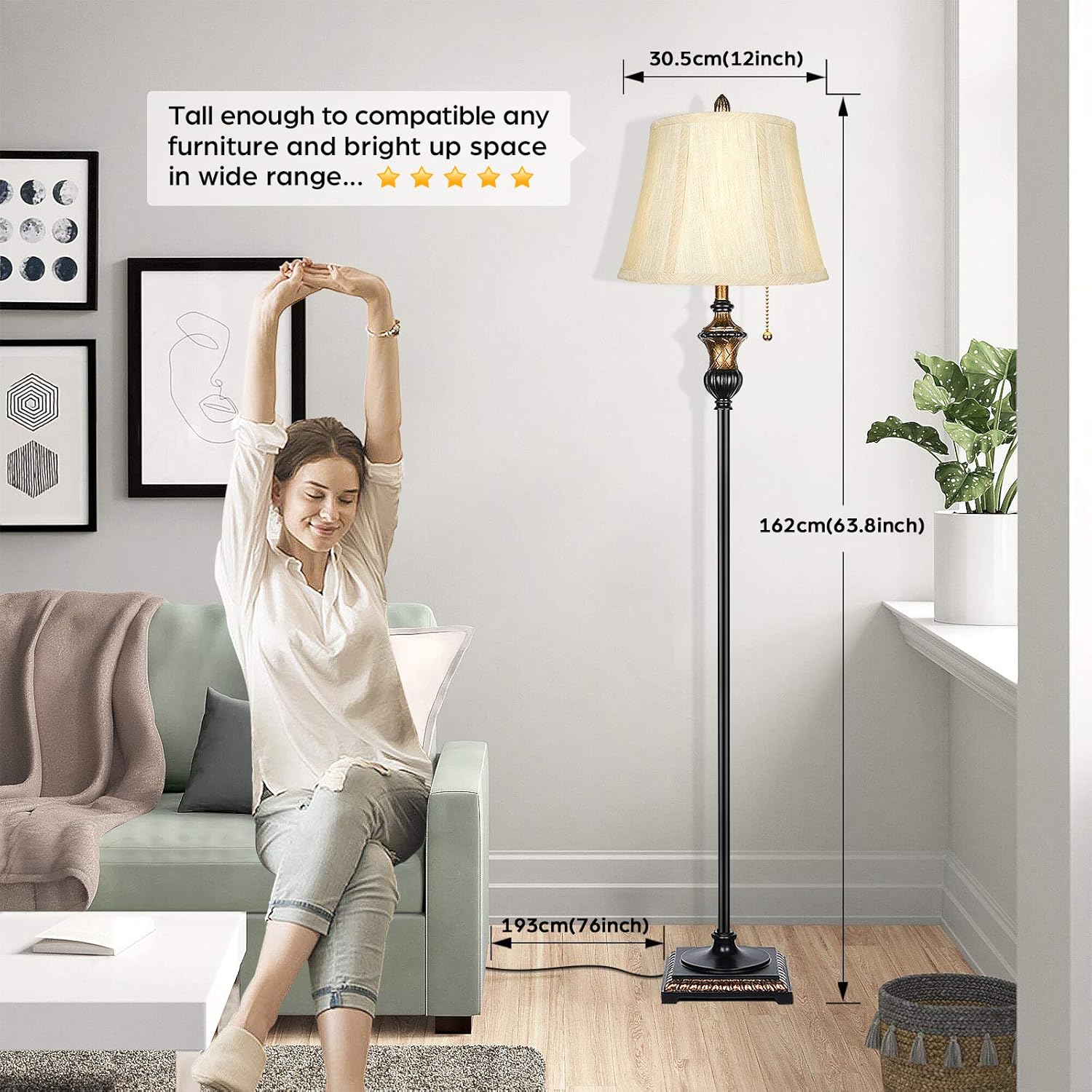 TOBUSA Traditional Floor Lamp, Classic Standing Lamp with Bronze Fabric Shade, Vintage Elegant Tall Pole Lamp for Living Room Bedroom Office Reading, Rustic Upright Floor Lights, Pull Chain Switch - - 