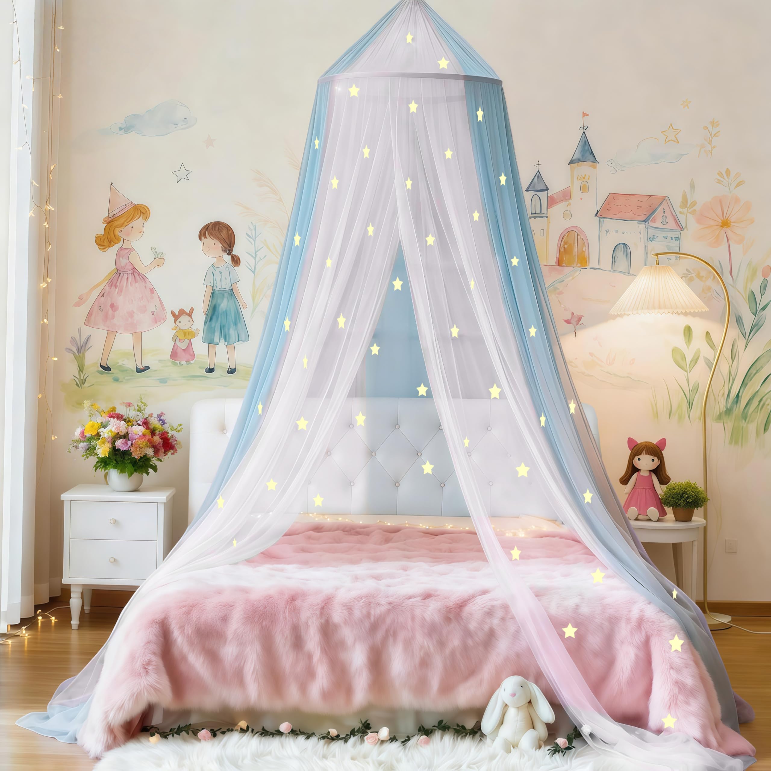Eimilaly Two-tone Bed Canopy Stars Glow in the Dark White Blue, Mosquito Net Bed Canopy for Girls Room Decor, Single Door