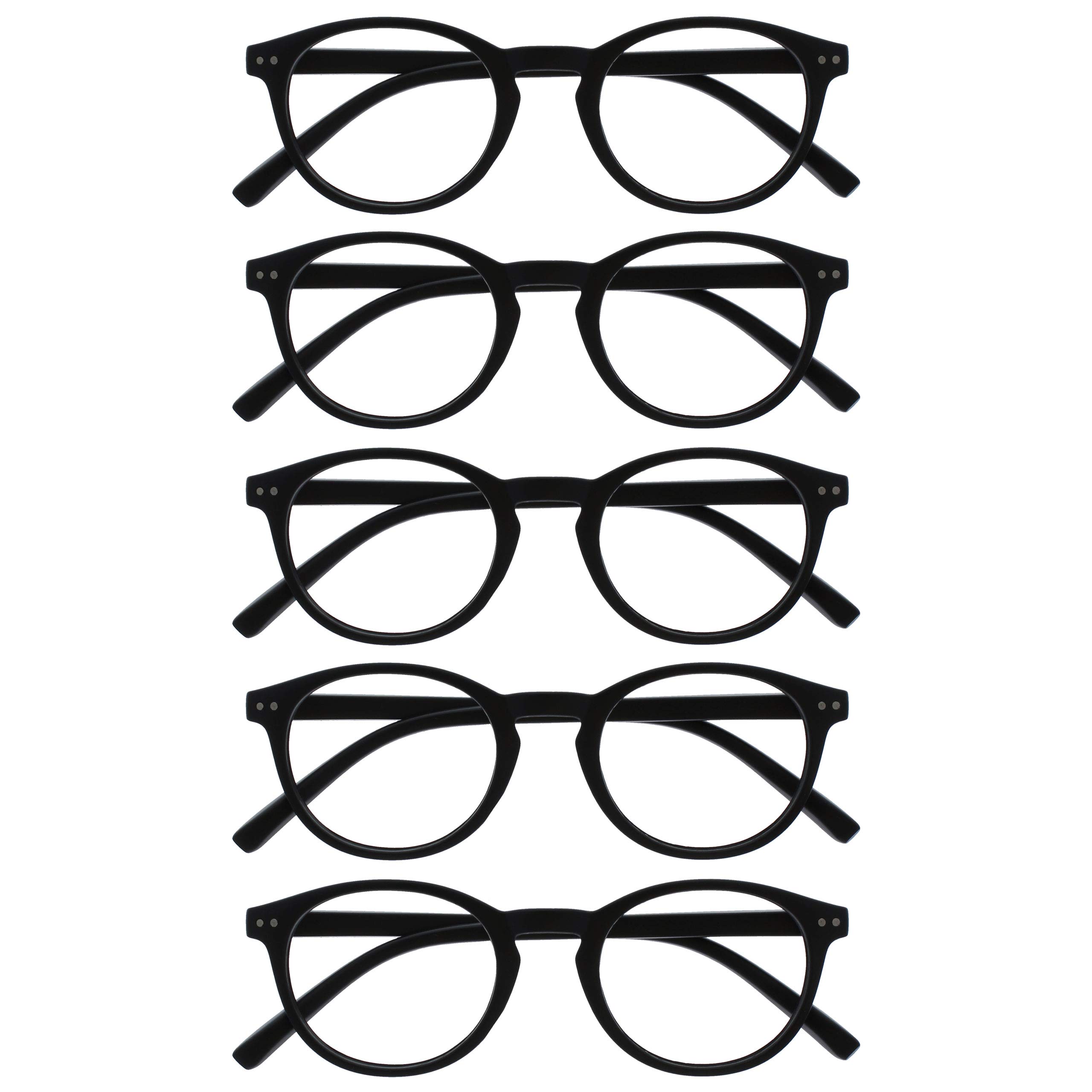 OPULIZE Zen Reading Glasses 5 Pack Cool Round Frame Spring Hinges Scratch Resistant Matt Black Mens Womens RRRRR24-1 +2.50