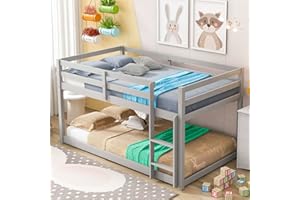 Anwick Twin Over Twin Low Bunk Bed with Stairs and Rails, Wooden Bunk Beds Frame with Safety Guardrail and Slats for Toddlers, Kids, Teens, Boys, Girls, Noise-Free (Grey)